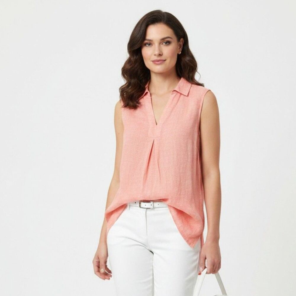 Sharagano Linen Rayon Coral Orange Sleeveless Button Down Blouse Top M